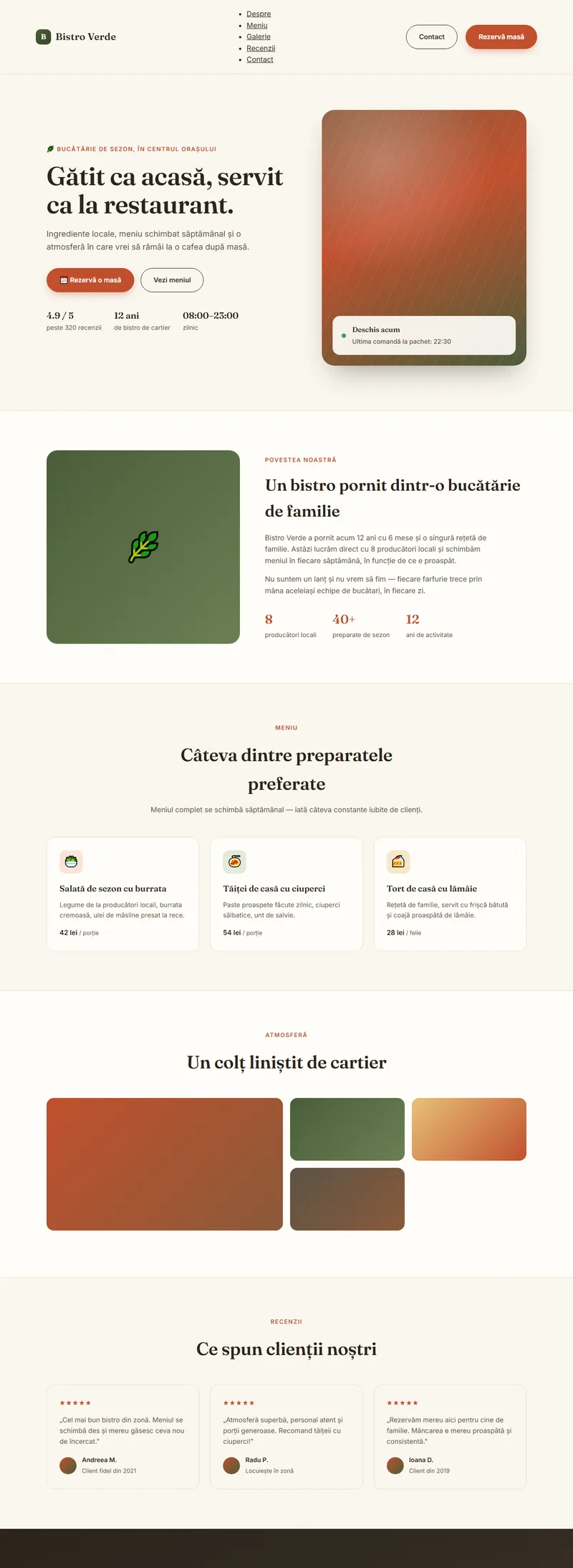 Captură de ecran a paginii principale a site-ului Bistro Verde, derulată integral